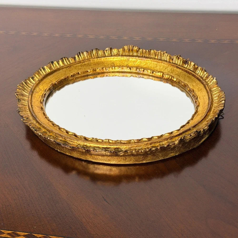 Vintage Italian Gold Gilt Oval Wall Mirror Hand Gilded Hollywood Regency Decor